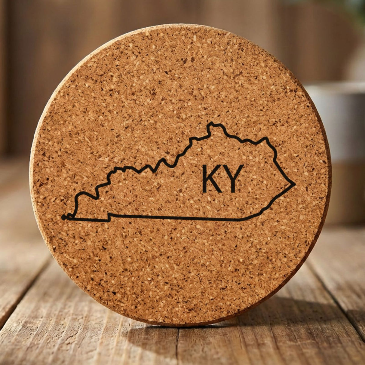 Kentucky round cork coaster engraved with the state outline and KY initials