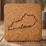 Kentucky square cork coaster engraved with a hand-drawn state outline and love in cursive