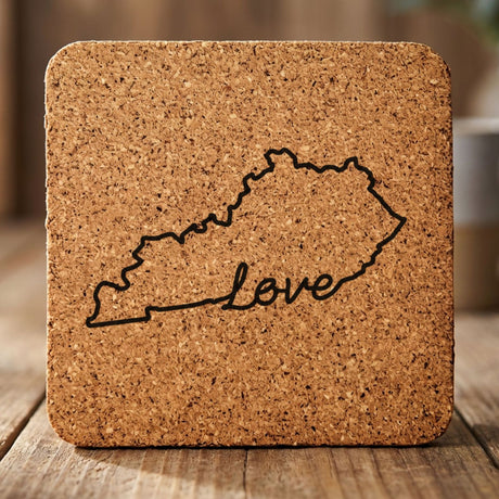 Kentucky square cork coaster engraved with a hand-drawn state outline and love in cursive