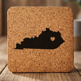 Kentucky square cork coaster engraved with the state shape and a heart