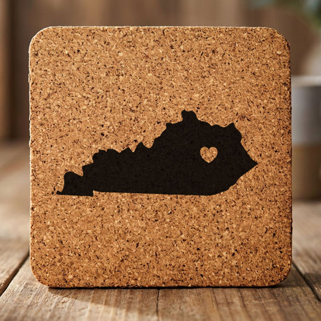 Kentucky square cork coaster engraved with the state shape and a heart
