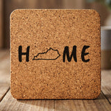 Kentucky square cork coaster engraved with HOME using the state outline as the letter O