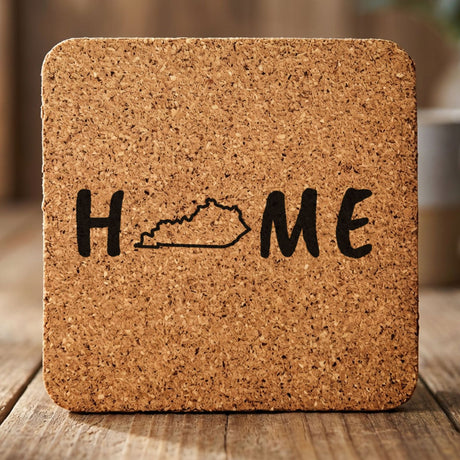 Kentucky square cork coaster engraved with HOME using the state outline as the letter O