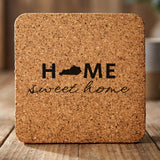 Kentucky square cork coaster engraved with HOME sweet home using the state shape as the letter O
