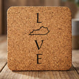 Kentucky square cork coaster engraved with LOVE stacked vertically using the state as the letter O