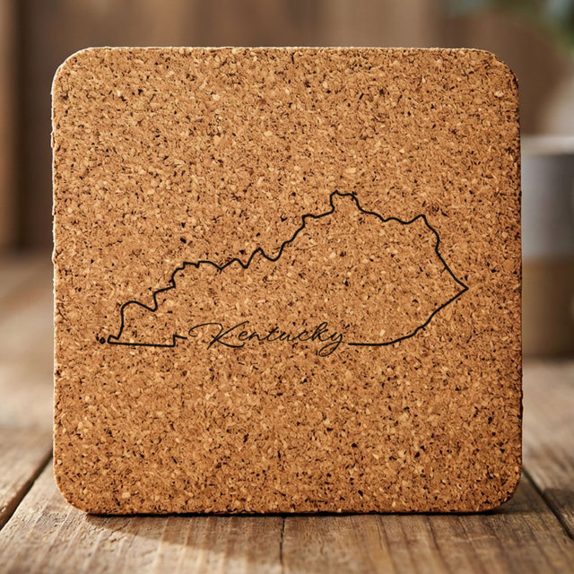 Kentucky square cork coaster engraved with the state outline and Kentucky in script lettering