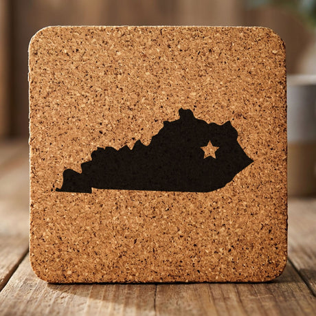 Kentucky square cork coaster engraved with the state shape and a star