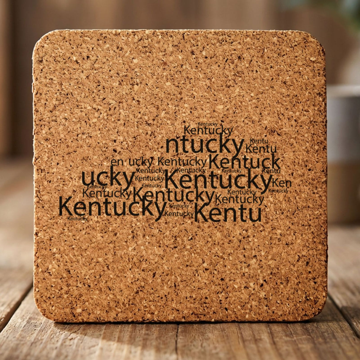 Kentucky square cork coaster engraved with a word cloud of repeating Kentucky text