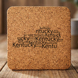 Kentucky square cork coaster engraved with a word cloud of repeating Kentucky text