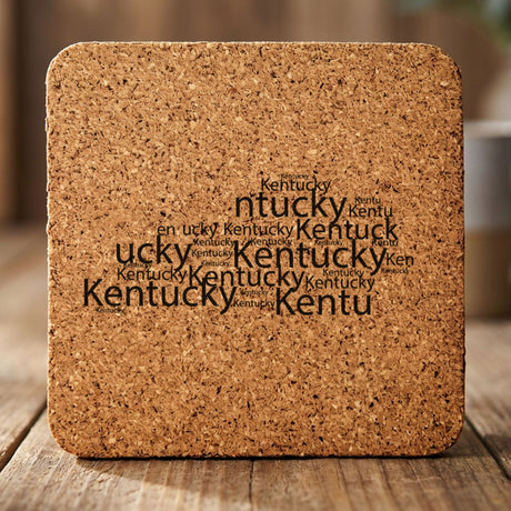 Kentucky square cork coaster engraved with a word cloud of repeating Kentucky text