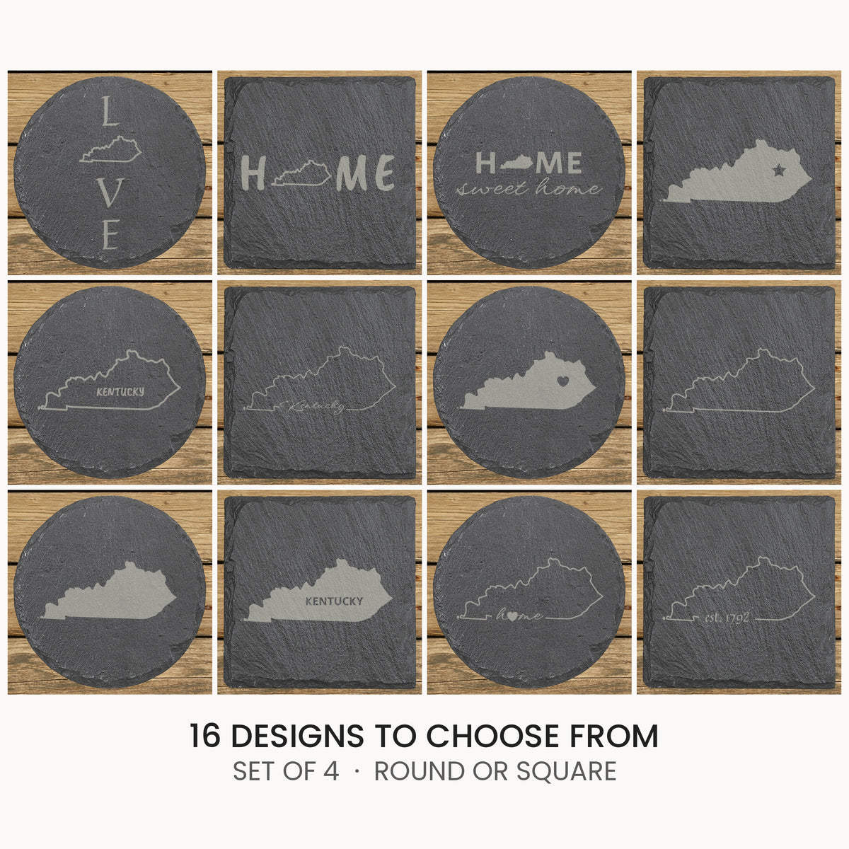 Kentucky slate coaster set, laser engraved natural stone
