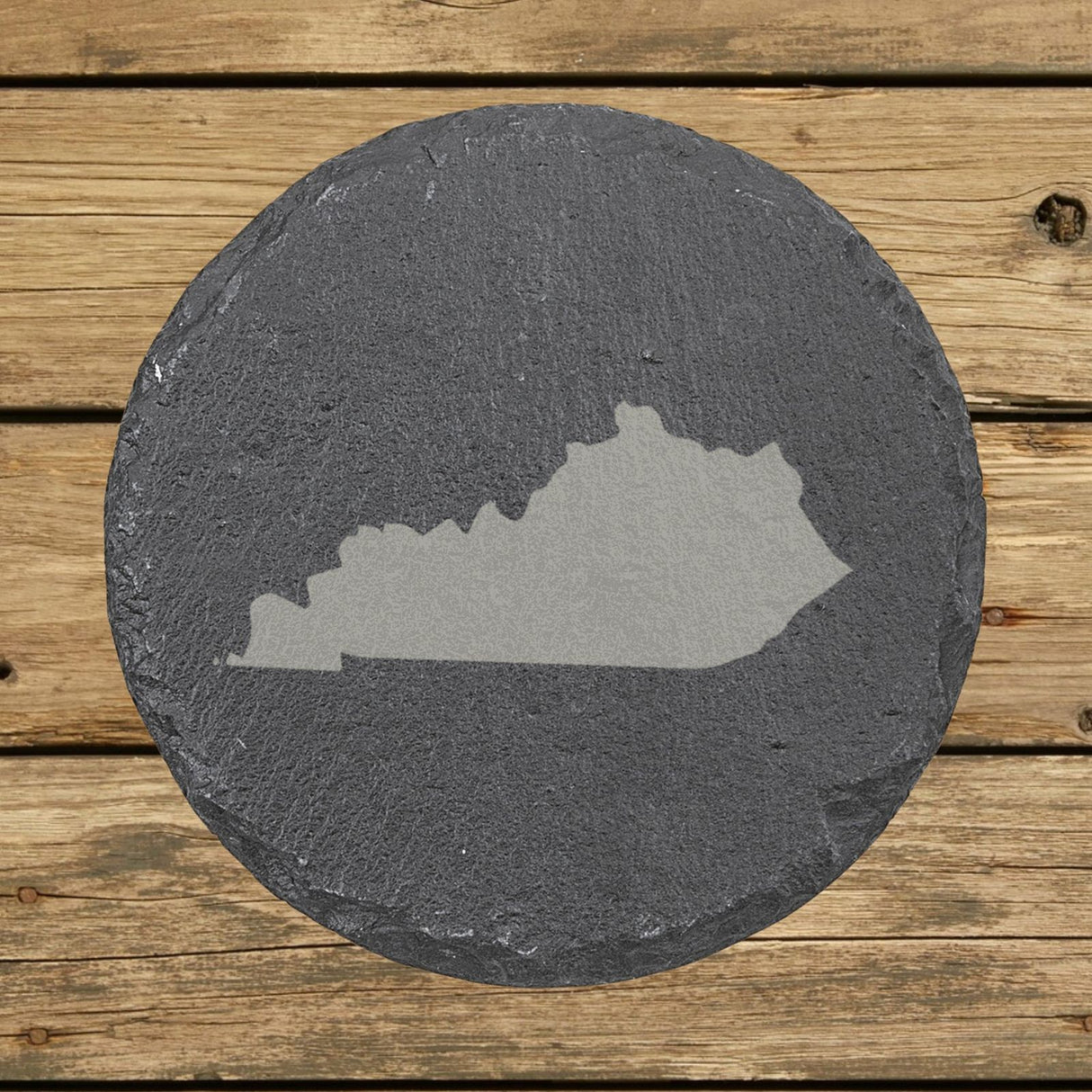 Kentucky round slate coaster with the full state shape engraved