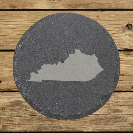 Kentucky round slate coaster with the full state shape engraved