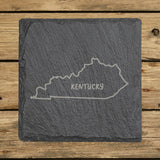 Kentucky square slate coaster engraved with the state outline and KENTUCKY in hand-drawn brush lettering