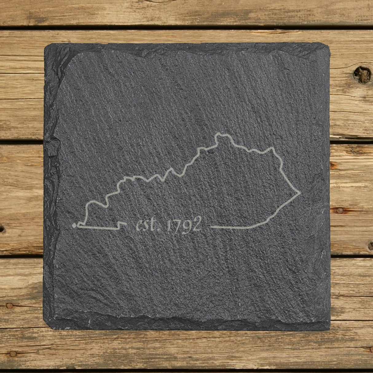 Kentucky square slate coaster engraved with the state outline and est. 1792