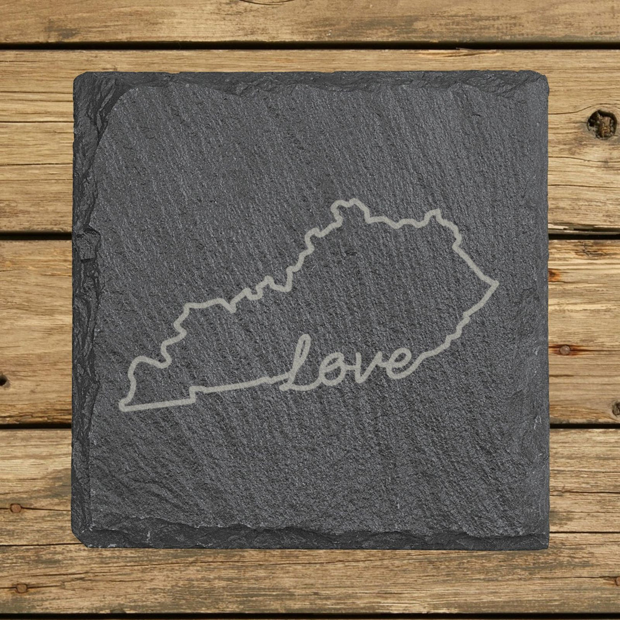 Kentucky square slate coaster engraved with a hand-drawn state outline and love in cursive