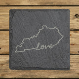Kentucky square slate coaster engraved with a hand-drawn state outline and love in cursive