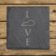 Kentucky square slate coaster engraved with LOVE stacked vertically using the state as the letter O