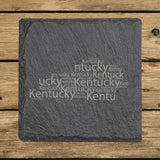Kentucky square slate coaster engraved with a word cloud of repeating Kentucky text