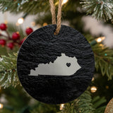 Kentucky round slate Christmas ornament engraved with the state shape and a heart