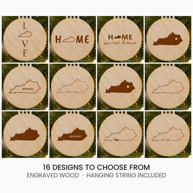 Kentucky wood Christmas ornament, laser engraved natural wood