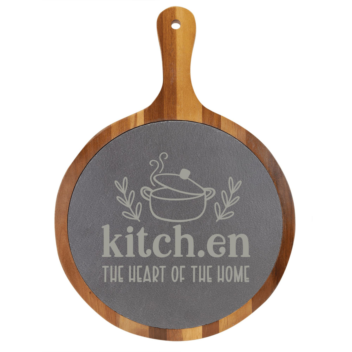 "Kitch.en: The Heart of the Home" Round Acacia Wood/Slate Cutting Board - Laser Engraved