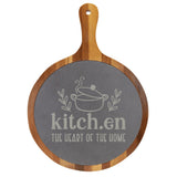 "Kitch.en: The Heart of the Home" Round Acacia Wood/Slate Cutting Board - Laser Engraved