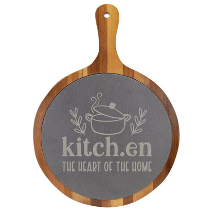 "Kitch.en: The Heart of the Home" Round Acacia Wood/Slate Cutting Board - Laser Engraved