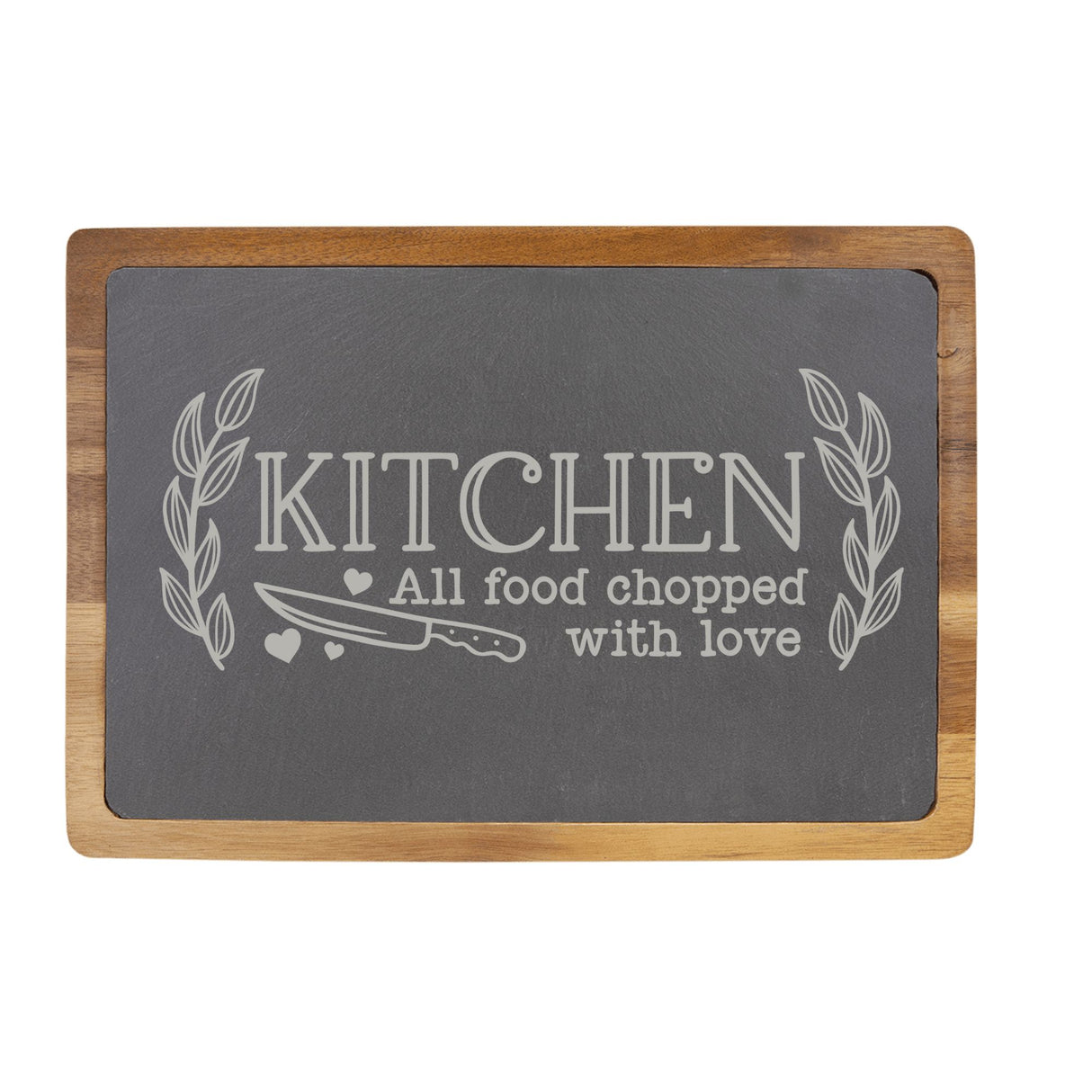 Kitchen: All Food Chopped with Love Engraved Acacia Wood & Slate Cutting Board