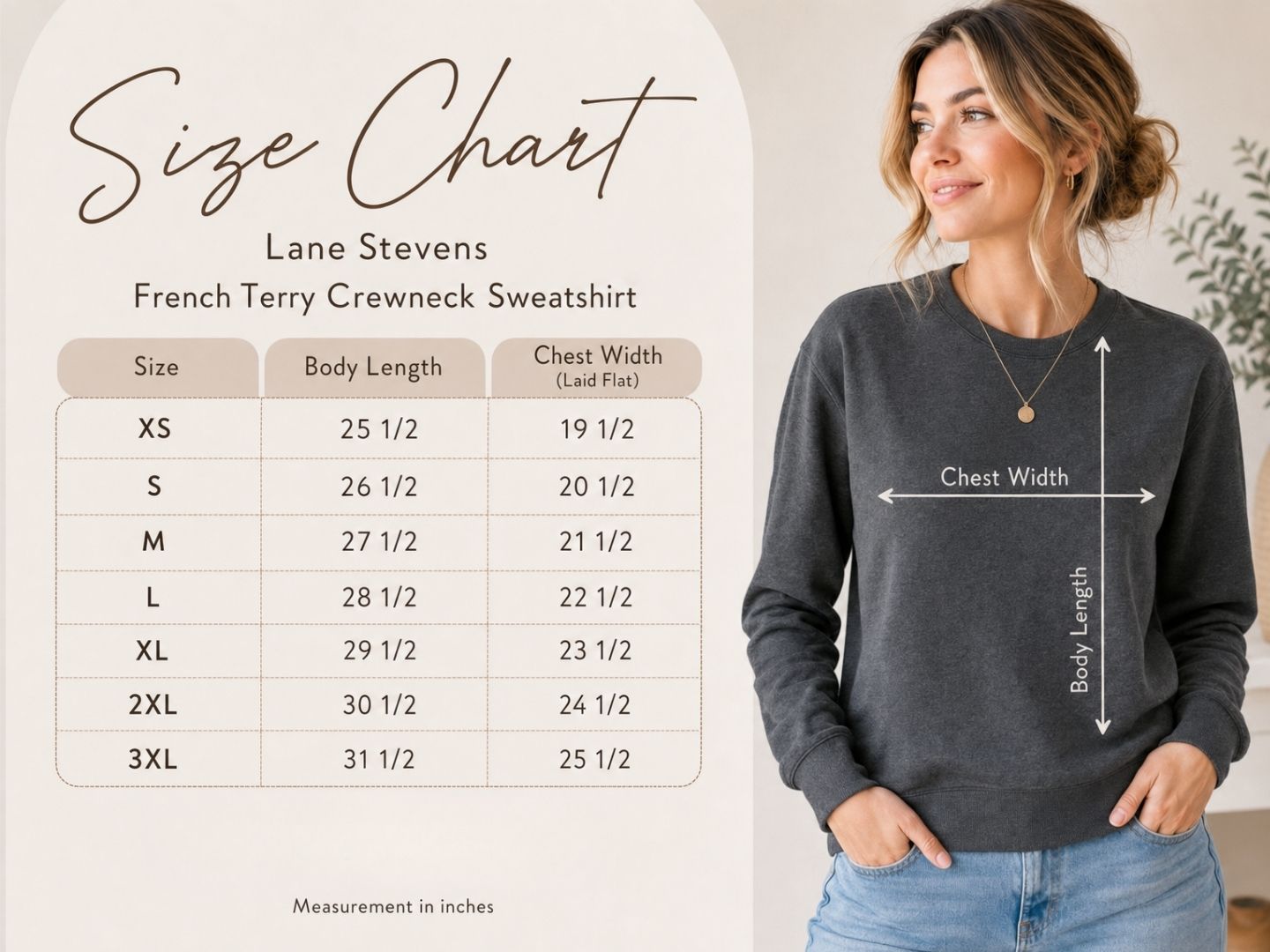 Lane Seven LS13004 french terry raglan crewneck sweatshirt size chart, body length and chest width by size
