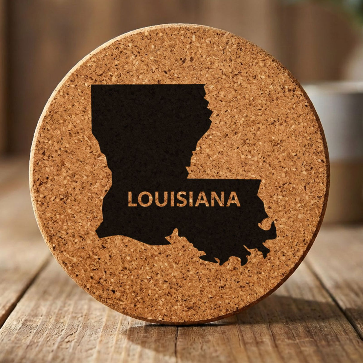 Louisiana round cork coaster engraved with the state shape and LOUISIANA in bold lettering