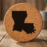 Louisiana round cork coaster with the full state shape engraved