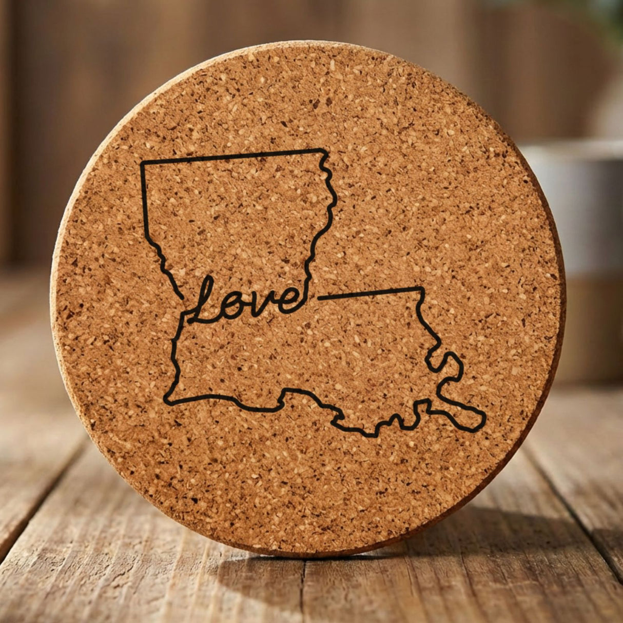 Louisiana round cork coaster engraved with a hand-drawn state outline and love in cursive