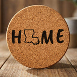 Louisiana round cork coaster engraved with HOME using the state outline as the letter O