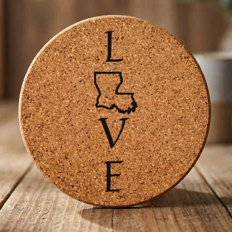 Louisiana round cork coaster engraved with LOVE stacked vertically using the state as the letter O