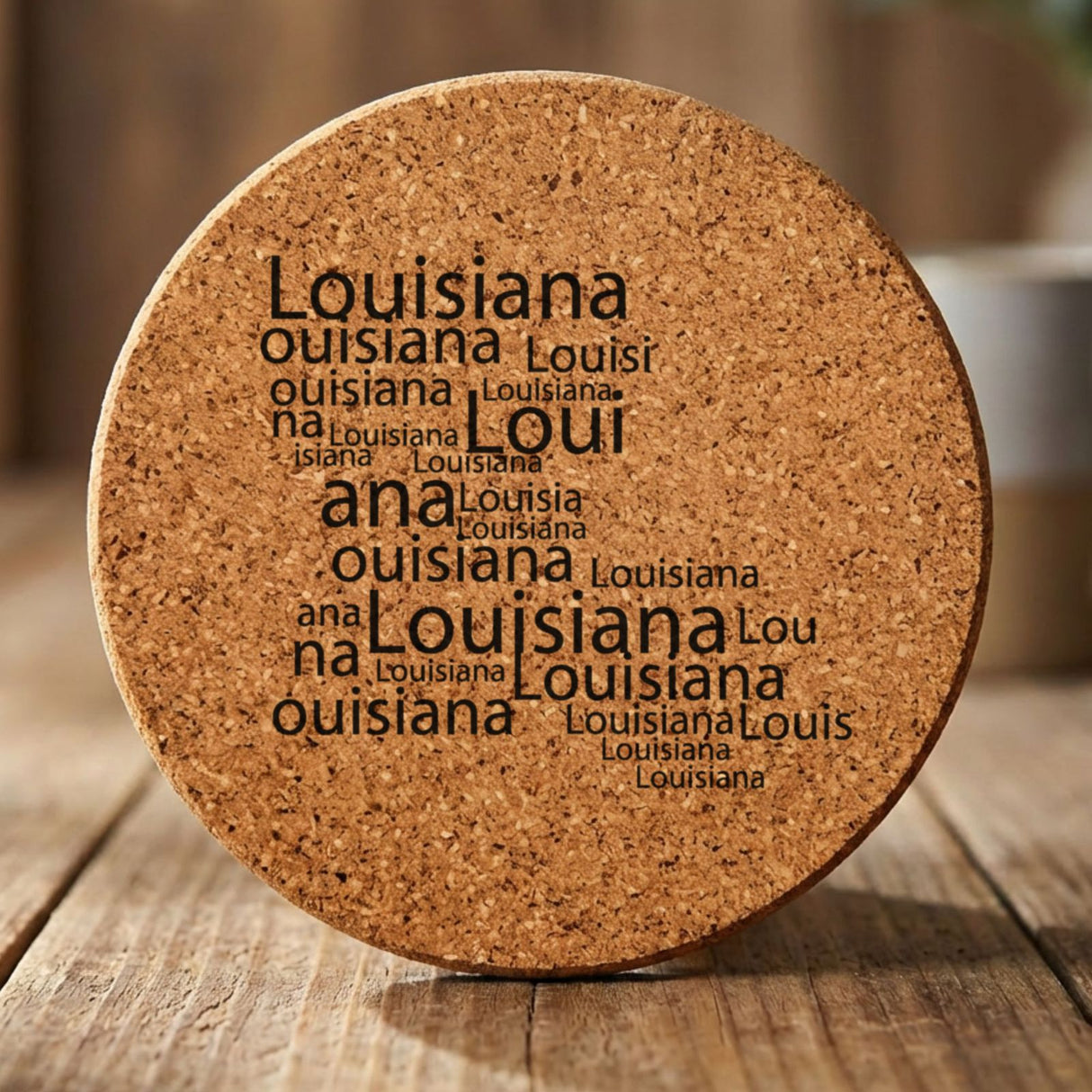 Louisiana round cork coaster engraved with a word cloud of repeating Louisiana text
