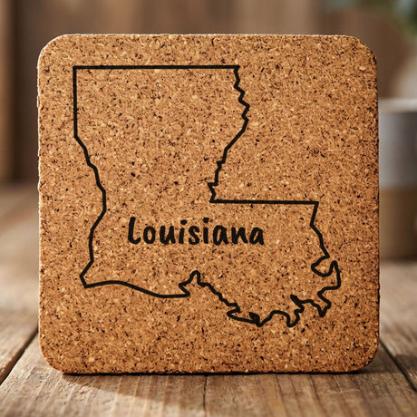Louisiana square cork coaster engraved with the state outline and LOUISIANA in hand-drawn brush lettering