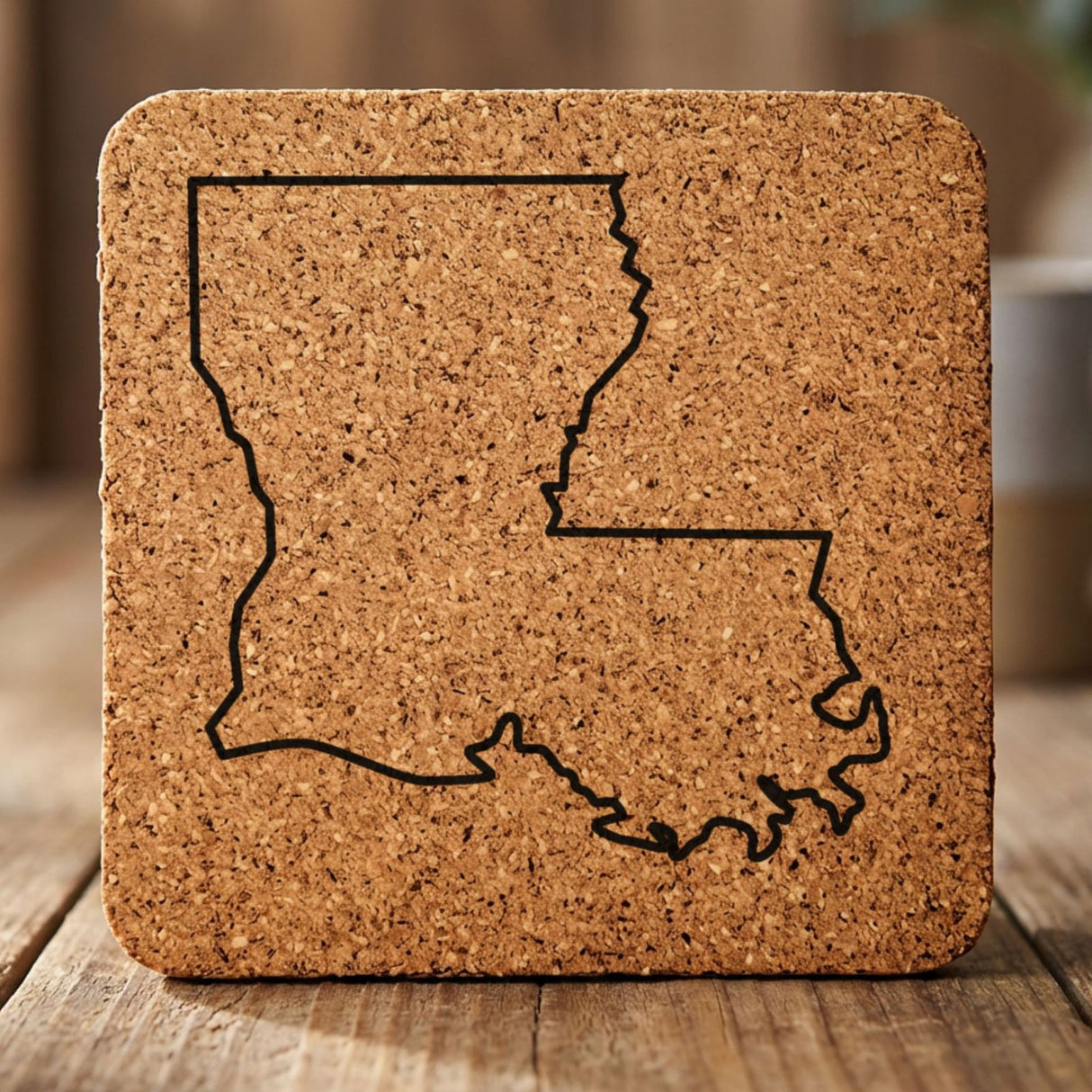 Louisiana square cork coaster engraved with a clean state outline