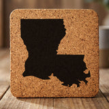 Louisiana square cork coaster with the full state shape engraved