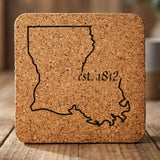 Louisiana square cork coaster engraved with the state outline and est. 1812