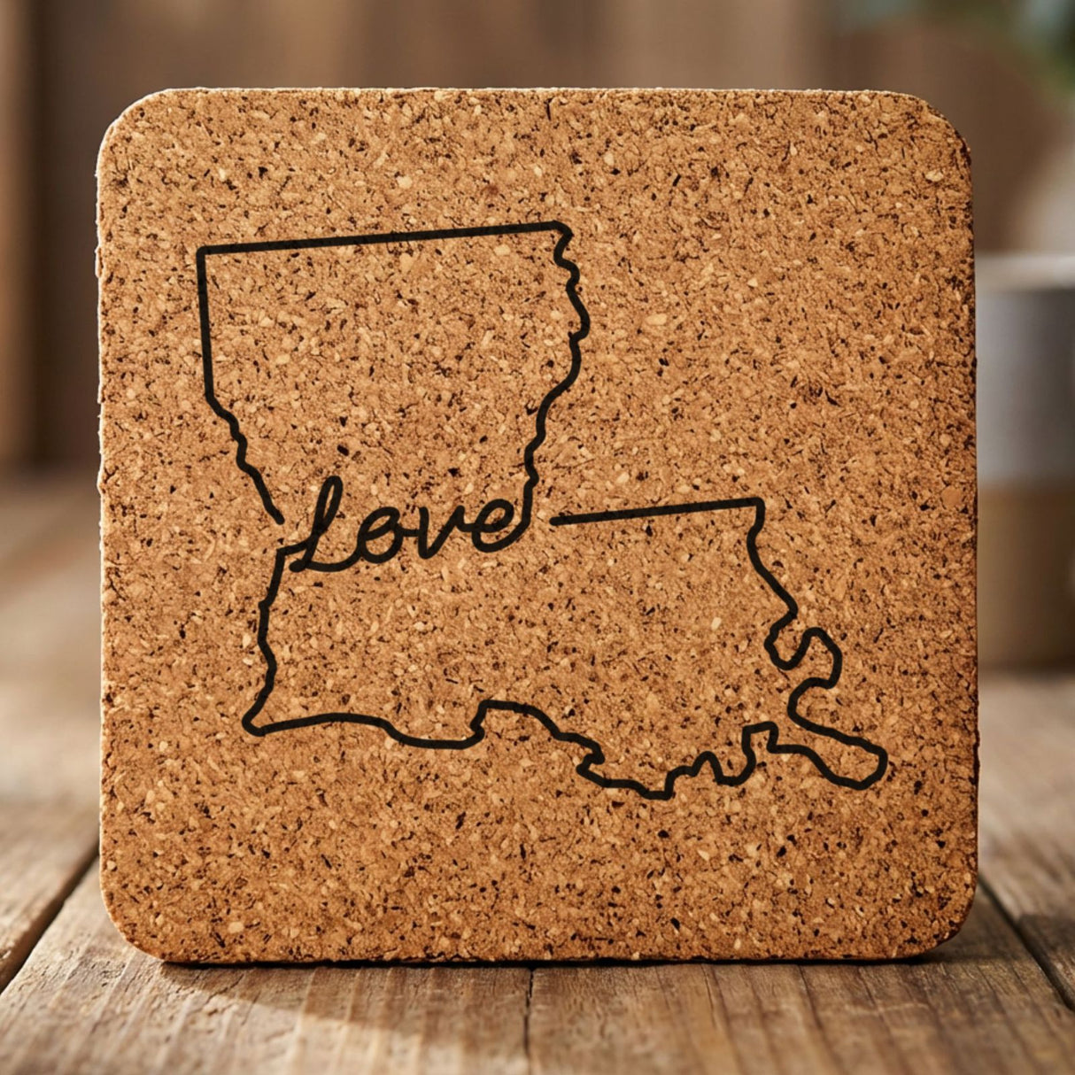 Louisiana square cork coaster engraved with a hand-drawn state outline and love in cursive