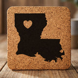 Louisiana square cork coaster engraved with the state shape and a heart