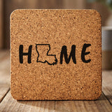 Louisiana square cork coaster engraved with HOME using the state outline as the letter O