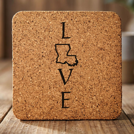 Louisiana square cork coaster engraved with LOVE stacked vertically using the state as the letter O