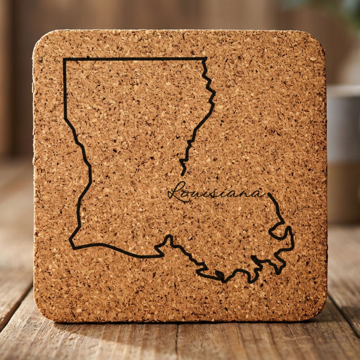 Louisiana square cork coaster engraved with the state outline and Louisiana in script lettering