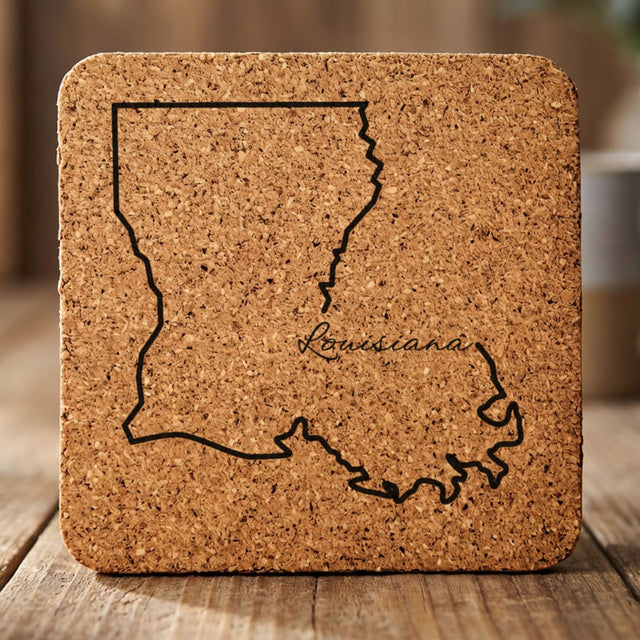 Louisiana square cork coaster engraved with the state outline and Louisiana in script lettering