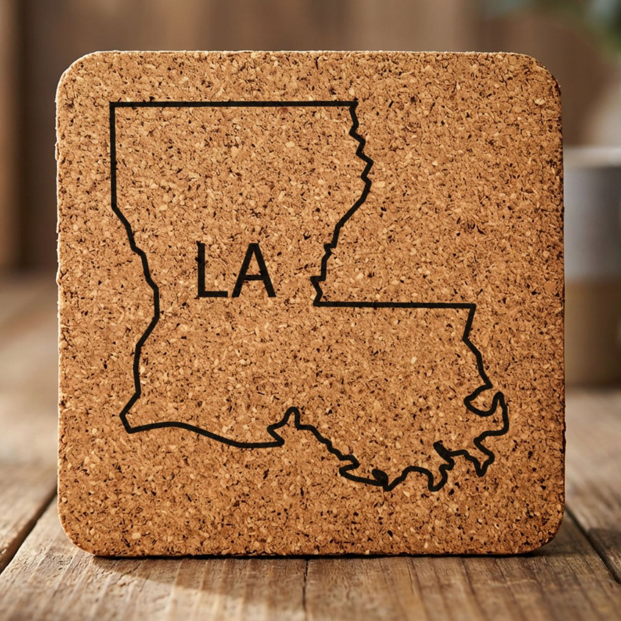 Louisiana square cork coaster engraved with the state outline and LA initials