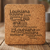 Louisiana square cork coaster engraved with a word cloud of repeating Louisiana text