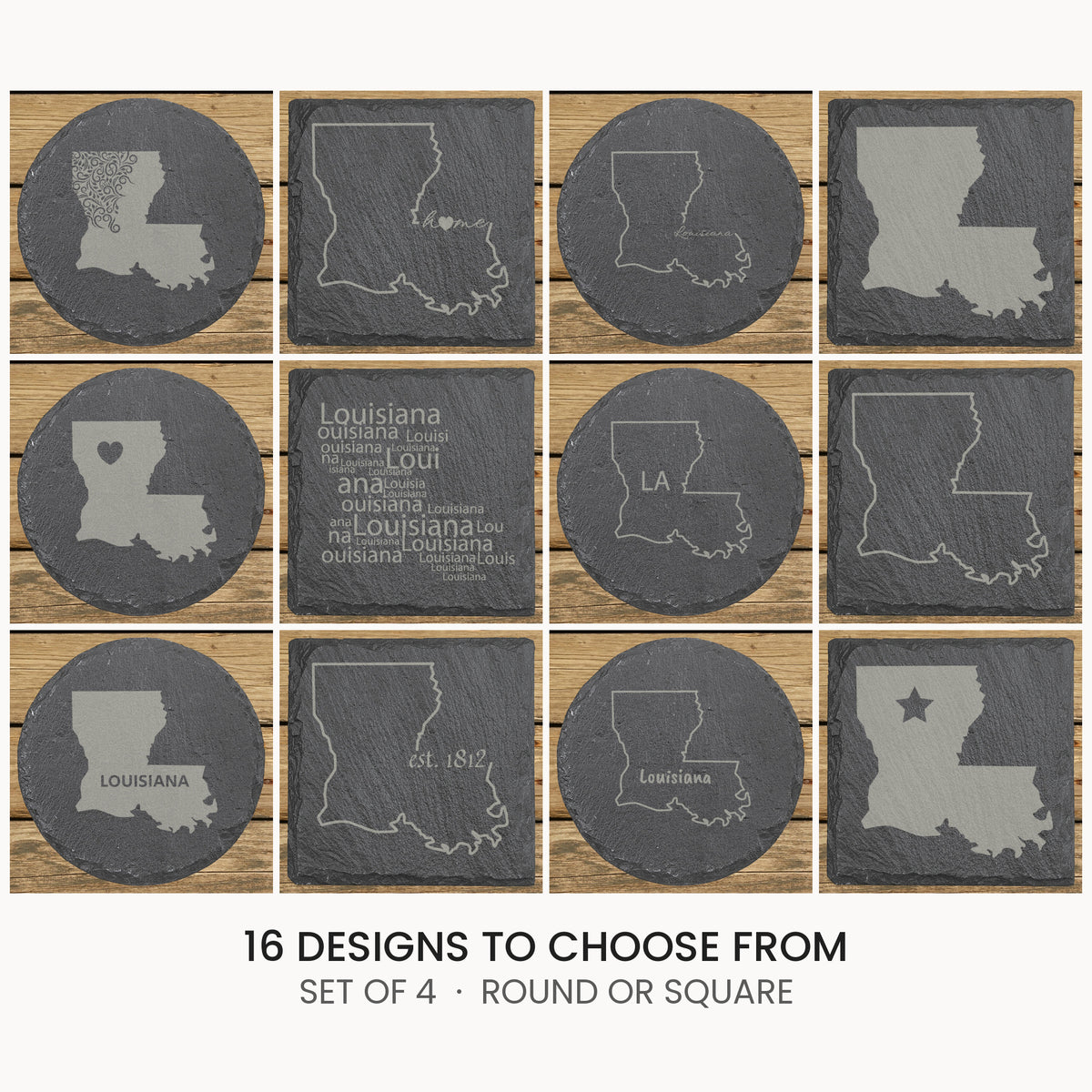 Louisiana slate coaster set, laser engraved natural stone