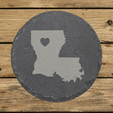 Louisiana round slate coaster engraved with the state shape and a heart